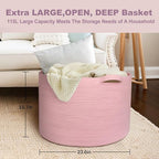 MEGASKET 115L Oversized Pink Basket, 23.6"x15.7" Woven Cotton Rope Bin with Handles, XXXL Blanket Storage for Living Room, Ki