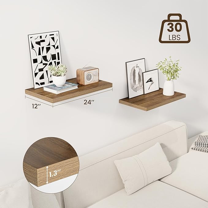 Dreamland 24" Floating Shelves for Wall, 12" Deep Slim Walnut Floating Shelves, Wall-Mounted Shelves for Bedroom, Living Room