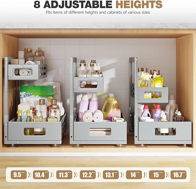 2 Pack Under Sink Organizer,Pull Out Cabinet Organizer With Smooth Cylindrical Rail,Metal Slide Out Drawer for Kitchen Bathro