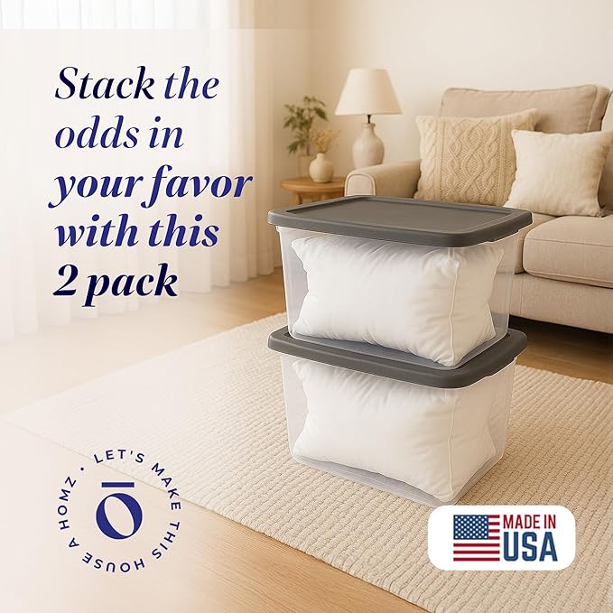 HOMZ 2-Pack Snaplock, Large Clear Plastic Storage Organizer Bins w/Lids, 56 Quart, Gray - Stackable Container Boxes for Bedro