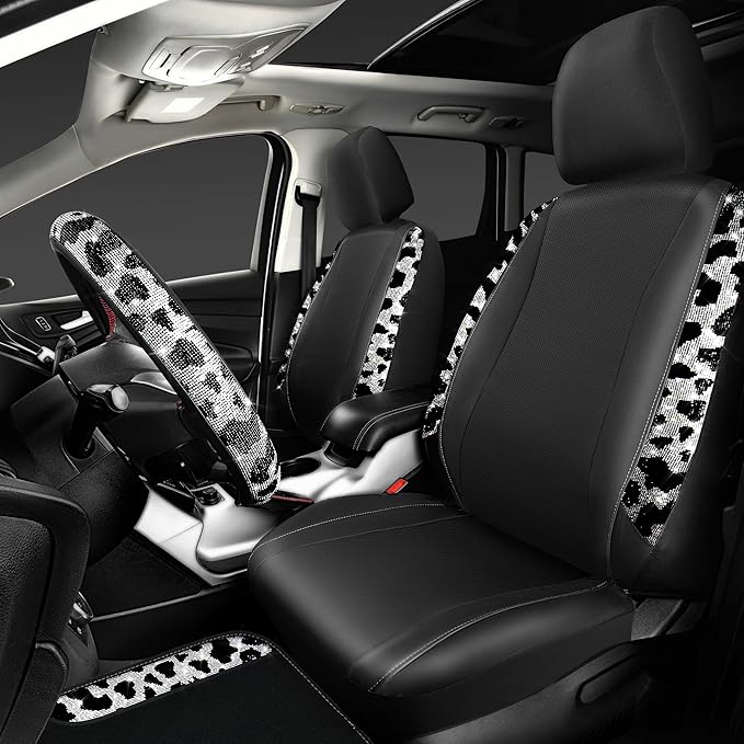 CAR PASS Leather Cow Bling Diamond Car Seat Covers Front & Rhinestone Carpet Car Floor Mats & Sparkly Steering Wheel Cover 15