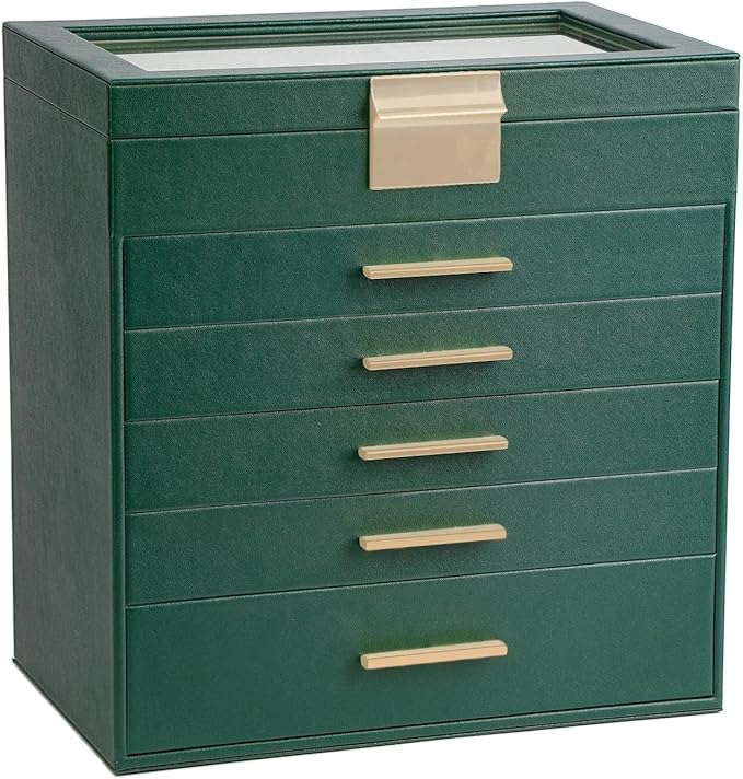 BOOVO Jewelry Box for Women, Green 6 Layer Large Jewelry Organizer with Glass Lid for Necklace, Bracelet, Earrings Storage, J