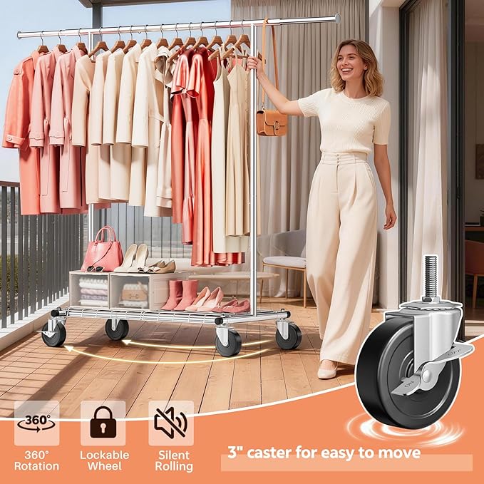Heavy Duty Clothes Rack - Load 500 LBS, Rolling Clothing Rack for Hanging Clothes with Lockable Wheels & Shelves, Extendable 