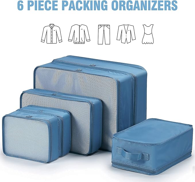 Mossio 6 Set Packing Cubes with Shoe Bag - Lightweight Travel Luggage Suitcase Organizers
