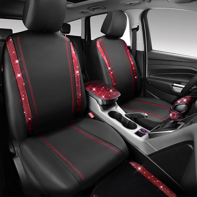 CAR PASS Rhinestone Red Bling Diamond Car Seat Covers Leather Black & Shining Car Floor mats Carpet with Anti-Slip Nibs& Blin