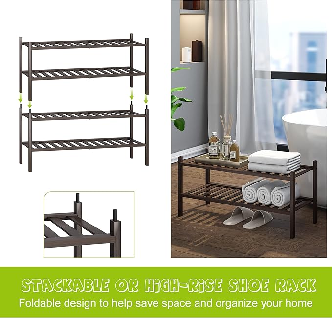 BMOSU 2-Tier Bamboo Shoe Rack Premium Stackable Shoe Shelf Storage Organizer for Hallway Closet Living Room Entryway Organize
