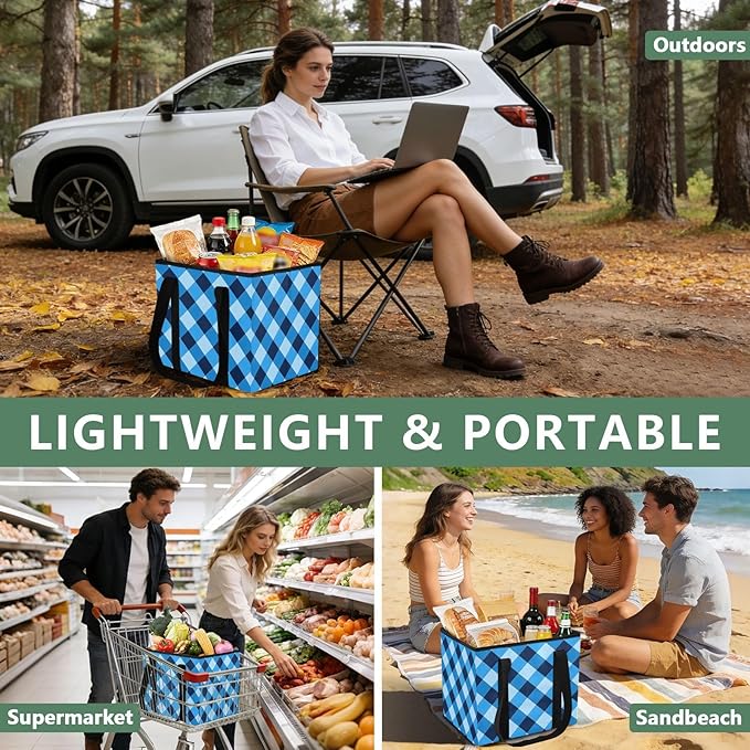 Blue Checkered Reusable Grocery Bags Large Shopping Tote Bag with Reinforced Bottom Board, Water Resistant Foldable Storage B