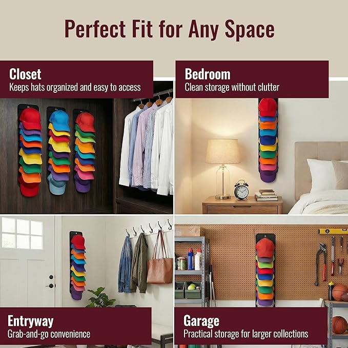 Hat Organizer for Baseball Caps - 2 Pack Hat Rack Hanger for Wall Door Closet Storage - Wall-Mounted Vertical Ball Cap Holder