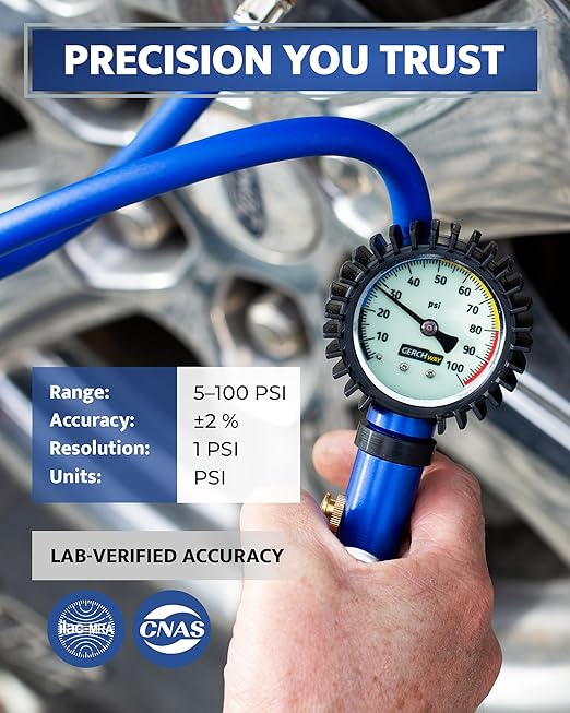 Tire Inflator with Pressure Gauge and Longer Hose - Most Accurate, Heavy Duty Air Chuck with Gauge for Air Compressor Tire Inflator Attachment - 100PSI