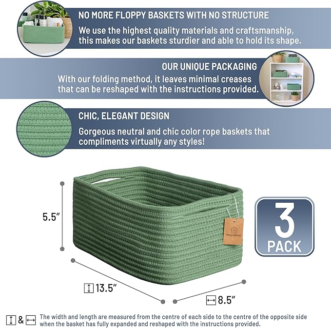 NaturalCozy 13.5”x8.5”x5.5” Rectangle Storage Baskets for Shelves 3 Pack | Cotton Rope Woven Small Baskets for Organizing | S
