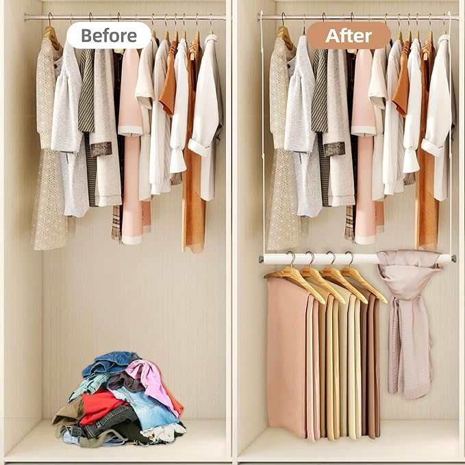 STORAGE MANIAC Adjustable Closet Rod Hanging Clothes Heavy Duty Closet Extender Hanging Rod Space-Saving Clothes Hanging Bar 