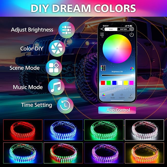 Underglow LED Lights for Cars 180 LEDs RGBI Neon Accent Strip Lights with 16 Million Colors DIY & Music Mode Underbody Exterior Lights Kit for RV SUV Truck Boat 12V