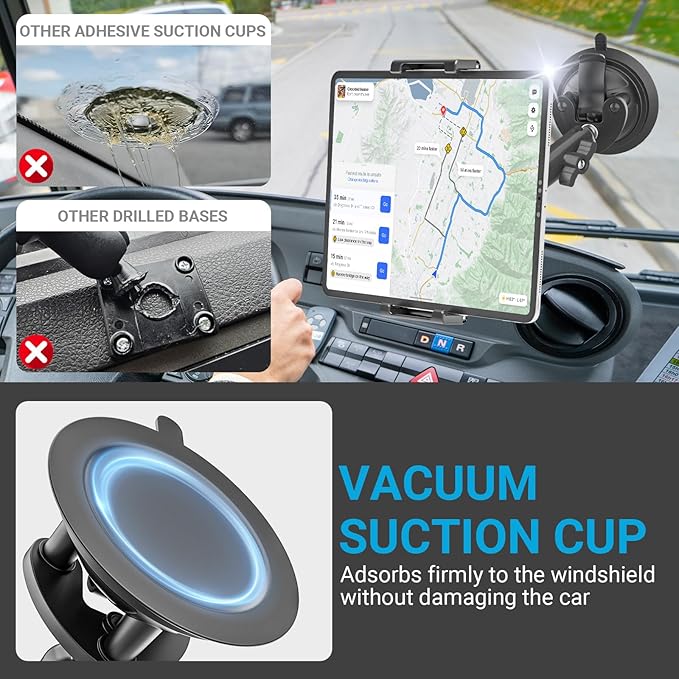 Truck Vacuum Suction Cup Windshield Tablet Mount, Dashboard Heavy Duty 360° Rotation Tablet Holder for Car Tractor, Fit for iPad Pro 12.9 Air Mini, Galaxy Tab and 6.1-15.6" Device with Case