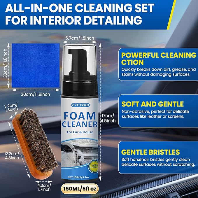 Car Interior Cleaner Kit – All-Purpose Foam Cleaner for Leather, Fabric, Vinyl, Plastic, Carpet & Upholstery | Deep Stain Rem