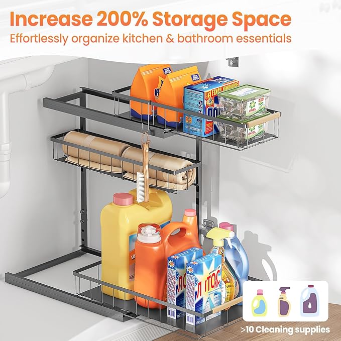 Under Sink Organizer and Storage for Bathroom and Kitchen - 2 Pack 3 Tier Under Cabinet Pull Out Shelf Organizers - Slide Out