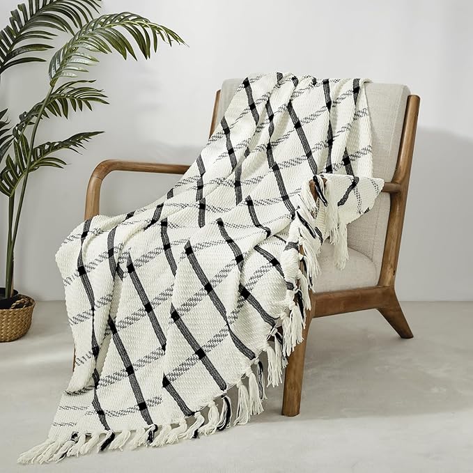 CREVENT 50"X60" Farmhouse Breathable Soft and Warm Chenille Plaid Throw Blanket for Sofa Couch Bed, Home Decoration Throw wit