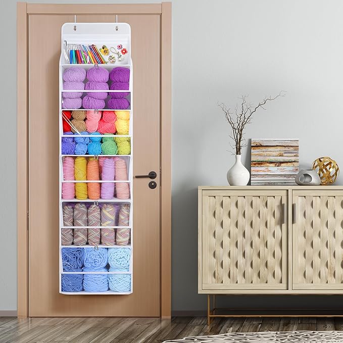 Univivi Hanging Yarn Storage Organizer with 6 Zipper Closure Compartments, Large Capacity Knitting Organizer Storage, Over th
