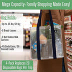VENO 4 Pack Reusable Grocery Bags, Heavy-Duty Shopping Bags with Handles, Bags for Shopping Cart with Hard Bottom to Stand Upright, Foldable, Multi-Purpose(Clear, 4 Pack)