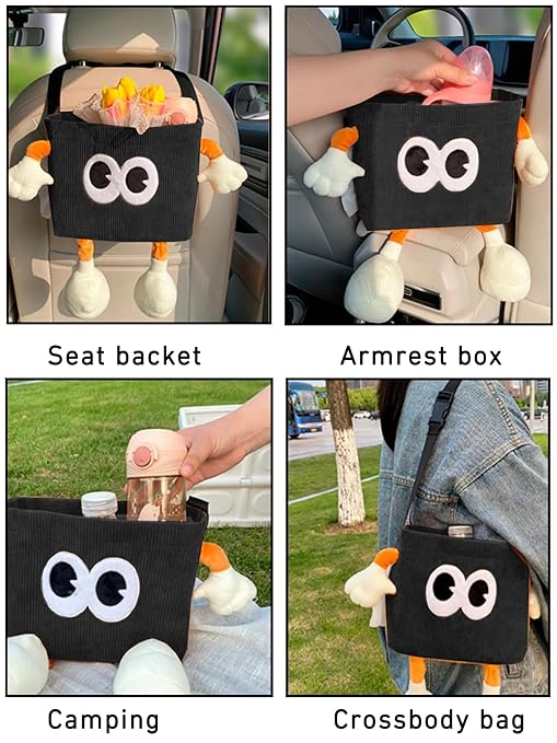 Car Cute 2 in 1 Trash Can with Tissue Holder Box Seat Back Bag Hanging over the Seat Organizer Plush Cartoon Animal Storage Garbage,Black
