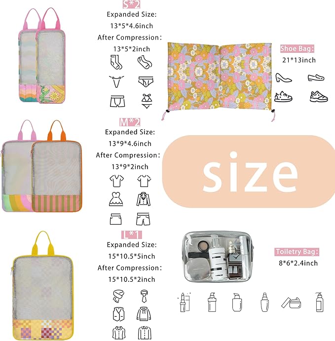 7 Pcs Compression Packing Cubes for Travel Luggage, Lightweight Suitcase Organizer Bags Set, Compression Packaging Cube for T