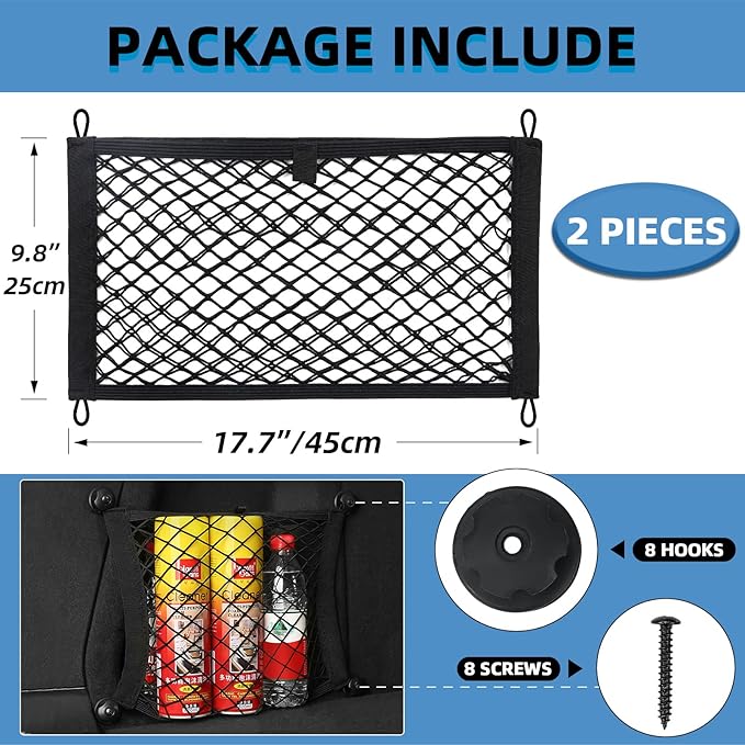 Universal Mesh Cargo Net for Car Trunk Storage,2 Pack Elastic Small Cargo Net Pocket Organizer Pouch Bag,Stretchable