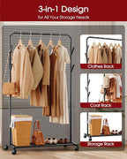 Sakugi Clothes Rack - Metal Coat Rack with Bottom Shelf, Portable Wardrobe Rack with 6 Side Rods, Rolling Clothing Rack for H