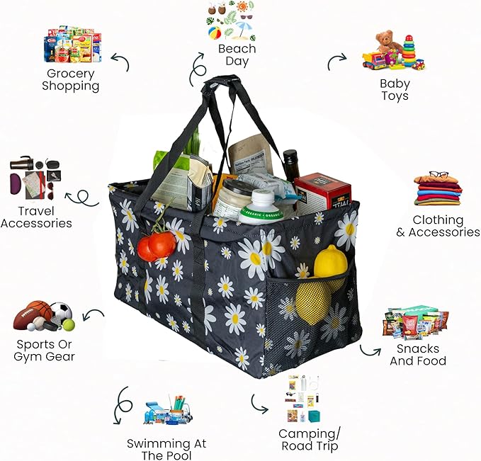 Extra Large Utility Tote Bag - Oversized Collapsible Reusable Wire Frame Rectangular Canvas Basket With Two Exterior Pockets For Beach, Pool, Laundry, Car Trunk, Storage - Black Daisy