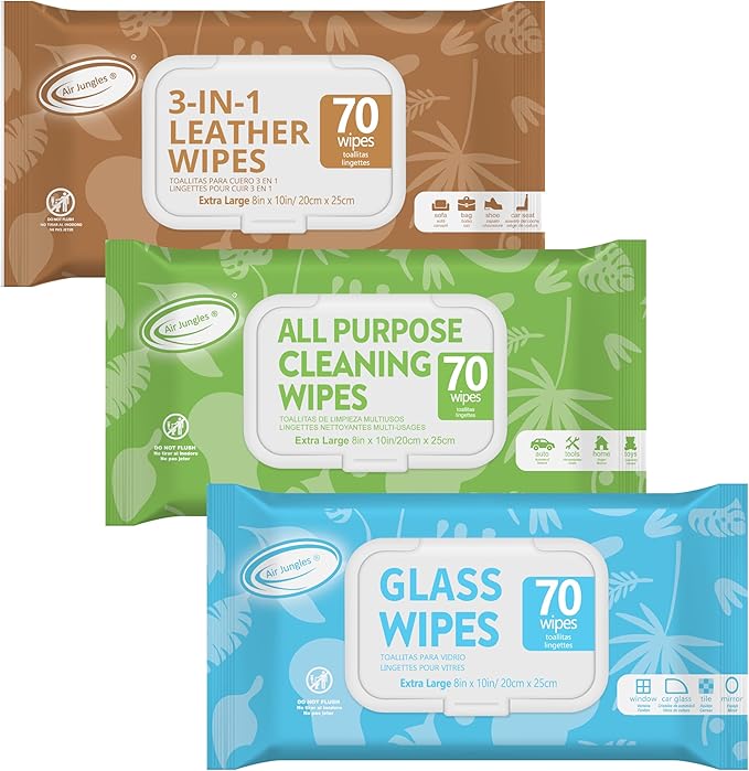 Air Jungles Car Interior Cleaning Wipes Set 210 Count, XL 8" x 10" Wipe for Car Leather Seat, Windshield Window Mirror Cleani