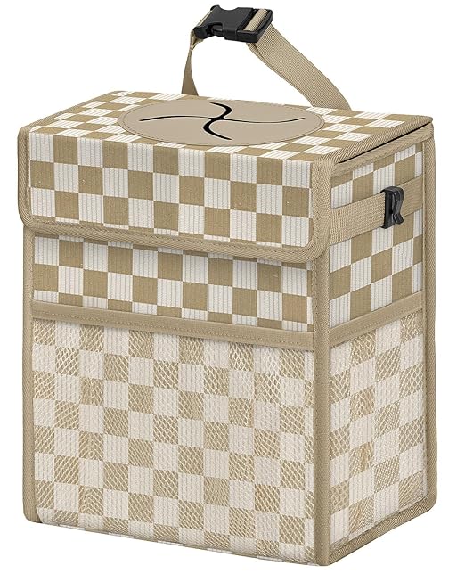 Corduroy Car Trash Can with Lid and Mesh Pockets - Leakproof Organizer,Multipurpose Waterproof Garbage Can/Trash Bin for Car(White Base with Khaki-2 Gallons)