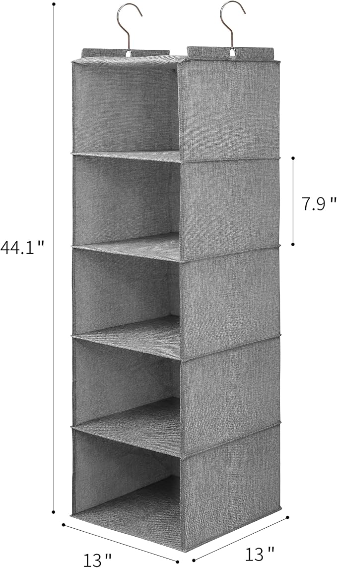 Large Hanging Sweater Organizer for Closet,Collapsible 6-Shelf Hanging Closet Shelves with Drawers, Washable (Grey-5 Shelf-1 