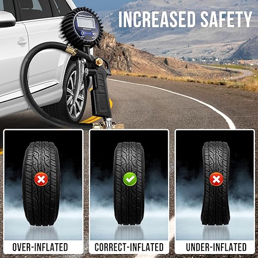 Digital Tire Pressure Gauge with Inflator, 3-250 PSI Air Compressor Accessories with Air Chuck Quick Connect Coupler, Car Attachments with Rubber Hose for Car, Truck, SUV, Cycle, RV