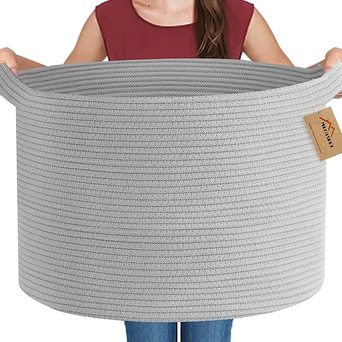 MEGASKET Extra Large Grey Storage Basket, 22" X 22" X 14" XXXL Blanket Basket for Living Room, Gray Wicker Woven Cotton Rope 
