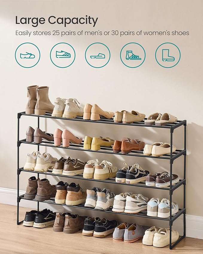 SONGMICS Shoe Rack, 4-Tier Shoe Organizer, Metal Storage Shelf, Upright or Upside Down, for 25-30 Pairs, Stackable, for Entry