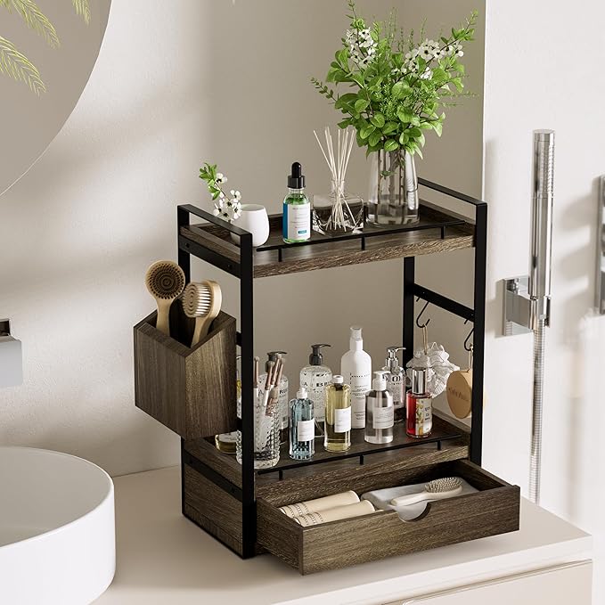 2-Tier Wood Bathroom Counter Organizer, Countertop Organizer with Drawer and Storage Basket, Bathroom Sink Organizer for Vani
