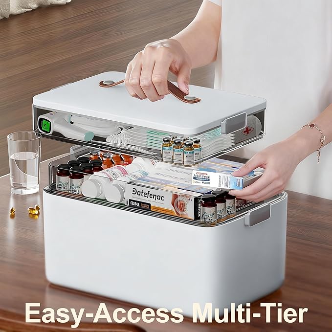 Spreezy 3-Tier Medicine Organizer with Clear Compartments, Portable Stackable Storage Box with Handle for Pills, Bandages & E