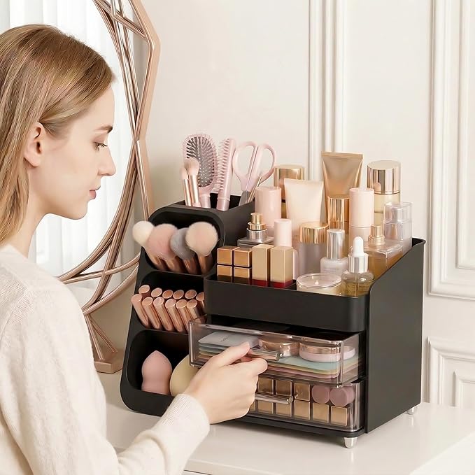 Large Capacity Makeup Organizer Countertop with Makeup Brush Holder for Vanity, Thickened Material, Bathroom Countertop Organ