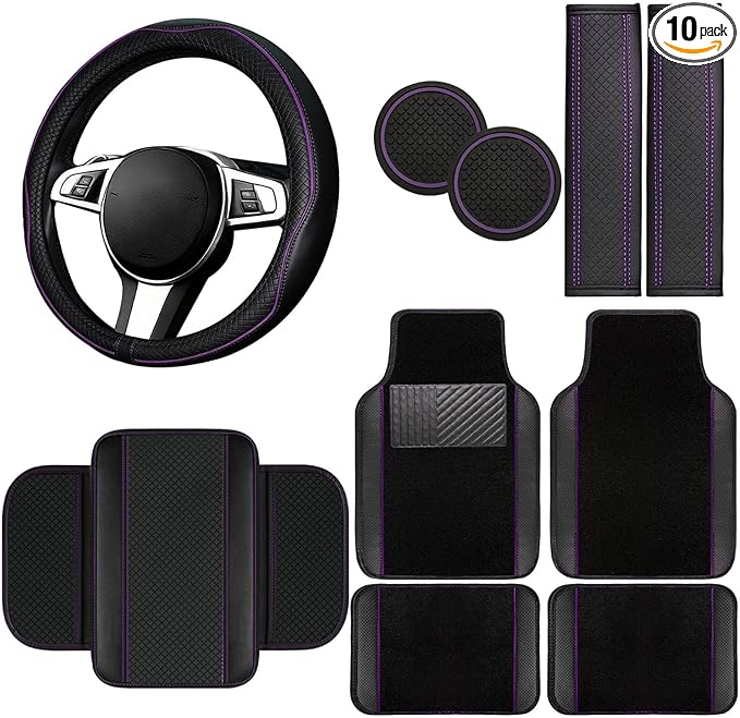 NBTEPEM 10 Pcs Car Floor Mats Full Set Car Accessories, Microfiber Leather Steering Wheel Covers 14.5-15 inch, Center Console Cover, Seat Belt Pads, Cup Coasters, Universal Interior Decor(Purple)