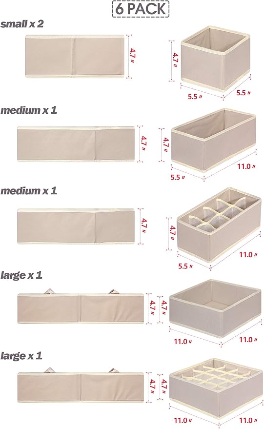 TENABORT 6 Pack Foldable Drawer Organizer Dividers Cloth Storage Box Closet Dresser Organizer Cube Fabric Containers Basket B