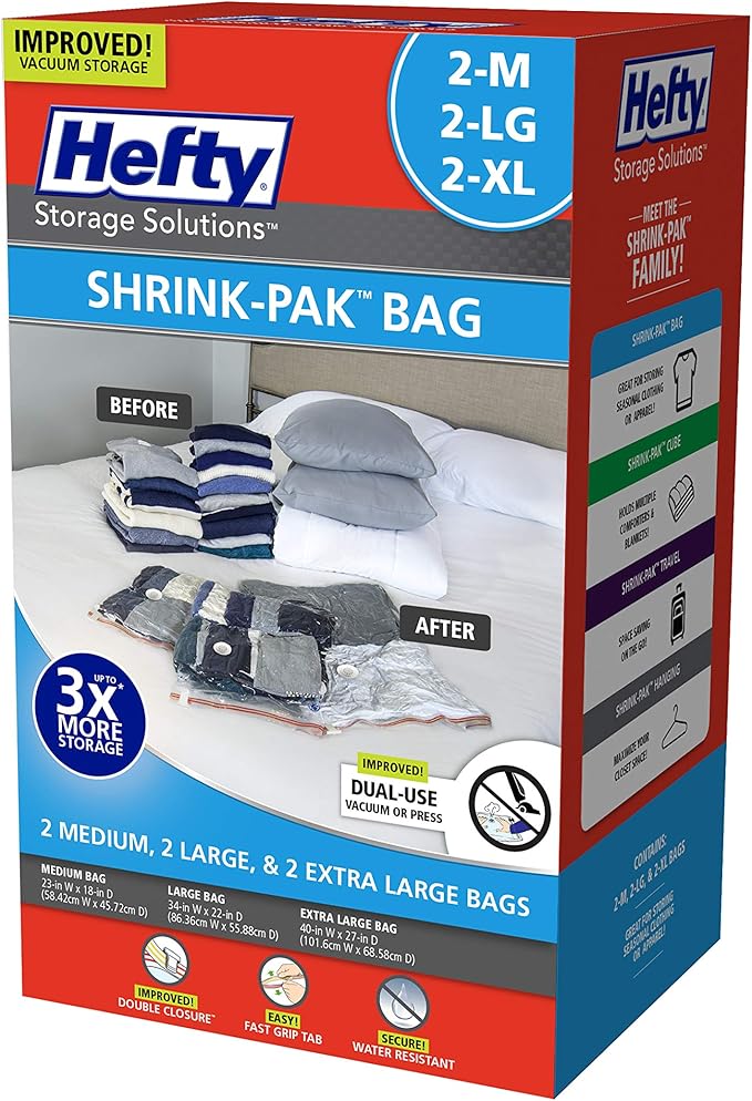 Hefty Shrink-Pak - 2 Medium, 2 Large, 2 XL Vacuum Seal Storage Bags – Space Saver Bags for Clothing, Pillows, Towels, or Blan