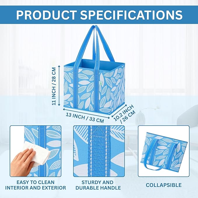 VENO 3 Pack Reusable Grocery Bags, Shopping Bags for Groceries, Tote with Handles and Hard Bottom, Foldable Shopping Cart Organizer, Water Resistant, Heavy-Duty (Spring Breeze, 6 Gallon)