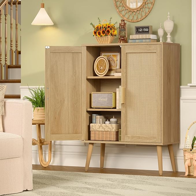 Iwell Storage Cabinet with 2 Shelves, Rattan Cabinet with 2 Doors, Sideboard Buffet Cabinets with Storage for Living Room, Di