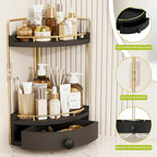 2-Tier Corner Bathroom Counter Organizer with Drawer & Embedded Screw Holes - Wooden Countertop Organizers for Skincare, Make