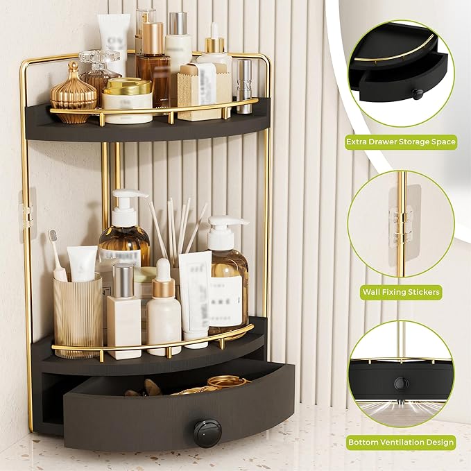 2-Tier Corner Bathroom Counter Organizer with Drawer & Embedded Screw Holes - Wooden Countertop Organizers for Skincare, Make