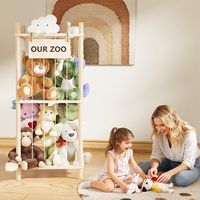 Dayacoco Stuffed Animal Storage, 2 Layer Wood Stuffed Animal Organizer Zoo, Toy Stuffy Storage Bin with Elastic Band and Net 