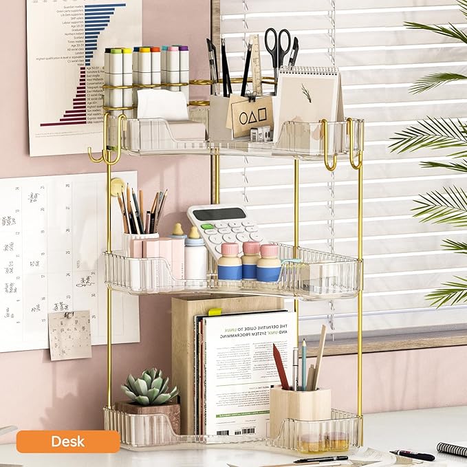 3-Tier Corner Bathroom Counter Organizer，Makeup & Skincare Shelf with Built-in Brush Holder，Space-Saving Bathroom Countertop 