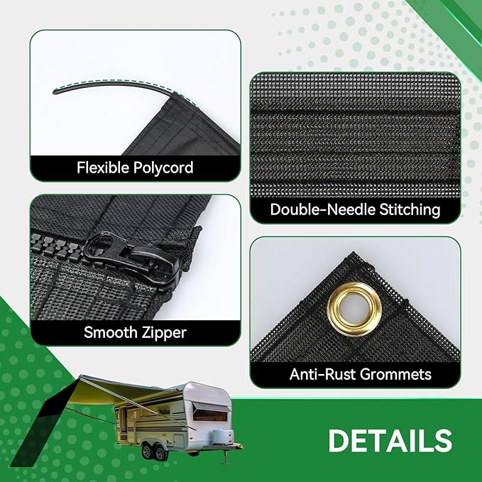RV Awning Shade Screen with Zipper 9' x 12'3'', 600D Oxford Top + Mesh Bottom, RV Sun Shade Screen for Awning, RV Shade Complete Kits for Trailer Camper