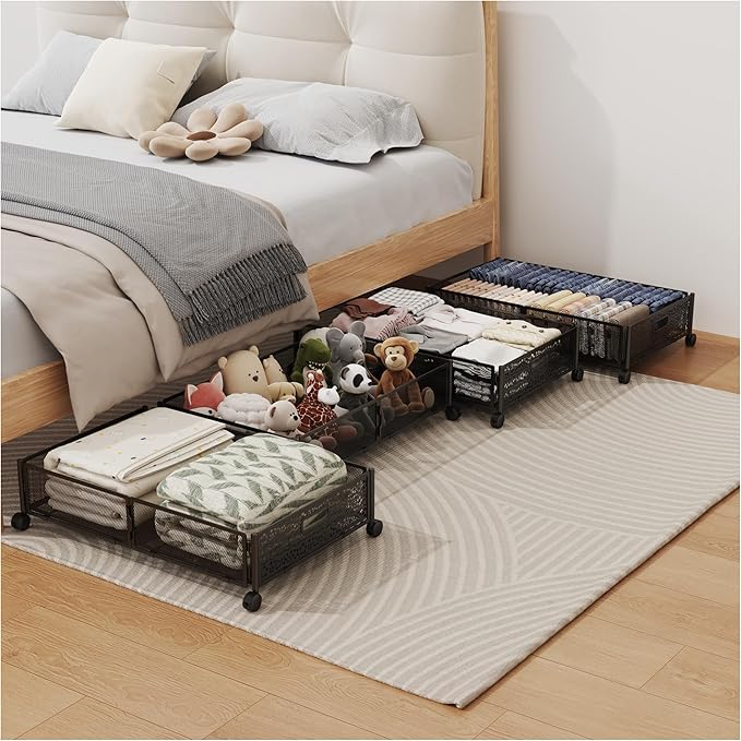 Under Bed Storage with Wheels, Foldable Pattern Carved Metal Under The Bed Storage, Tool-Free Assembly Under Bed Organizer, 6