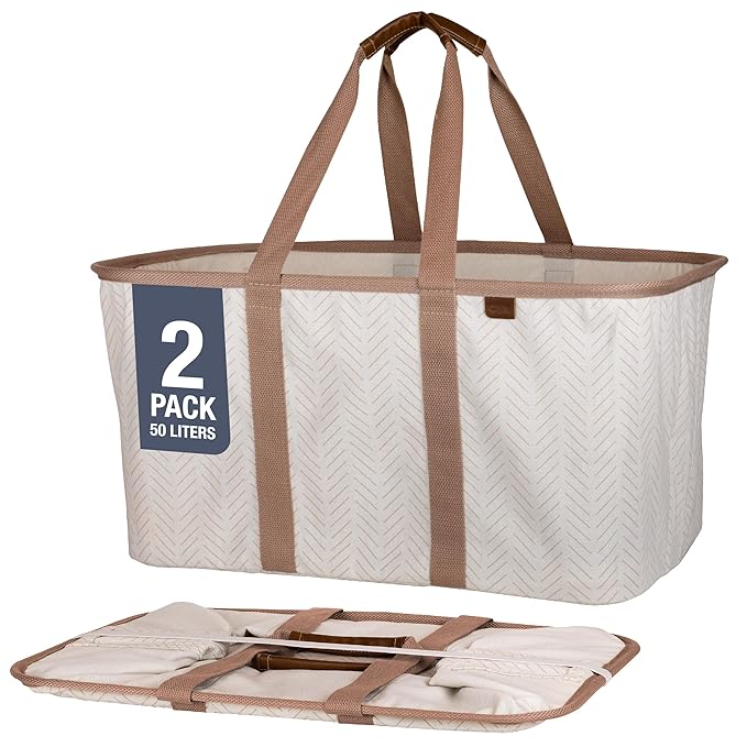CleverMade Collapsible Laundry Tote 2-Pack (50L) – Foldable Carry-All Storage Bin for Laundry, Car Trunk, RV, Dorm & Home Org