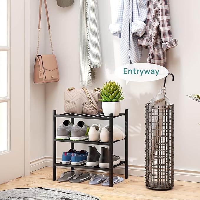 viewcare Small Shoe Rack for Entryway,3-Tier Black Bamboo Shoe Organizer for Hallway Closet, Free Standing Shoe Racks for Ind