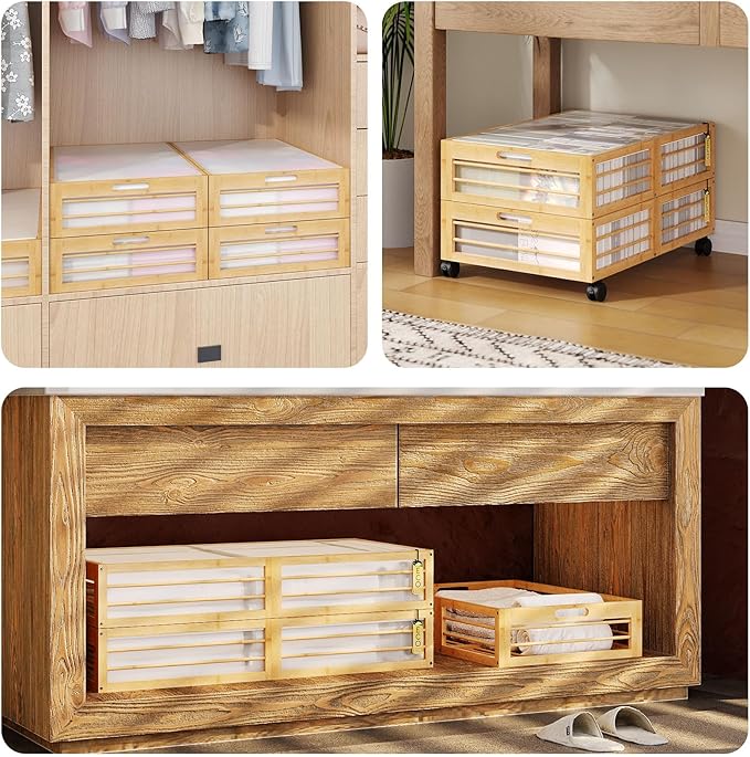 Under Bed Storage Containers with Wheels, Larger Bamboo Wood Under Furniture Storage Containers with Dust Bags，Rolling for Sh